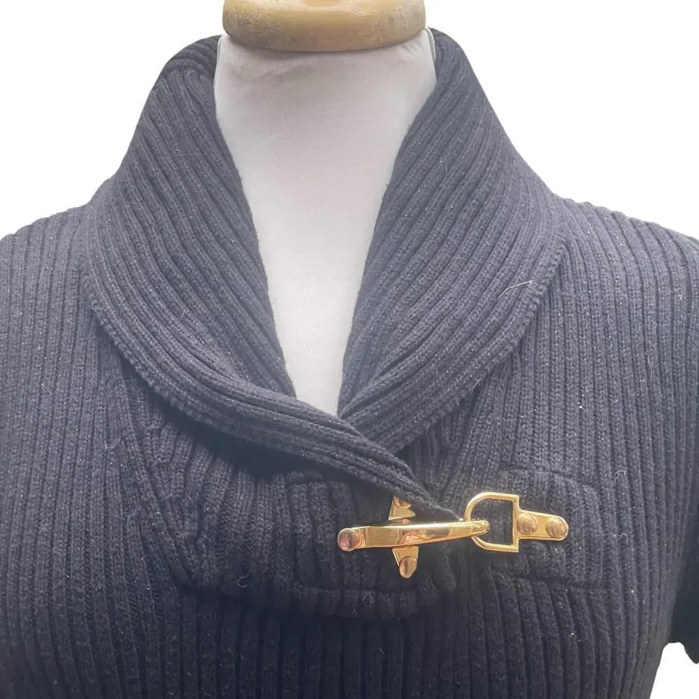 Ralph Lauren Black Label Women’s Ribbed Shawl Collar Sweater M Gold Buckle Black